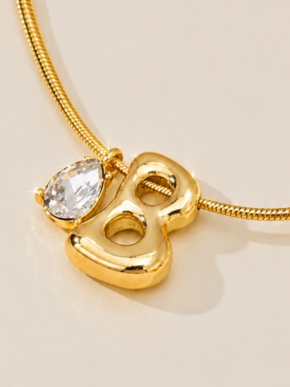 Gold Bubble Initial Crystal Pear Charms Necklace (7220)